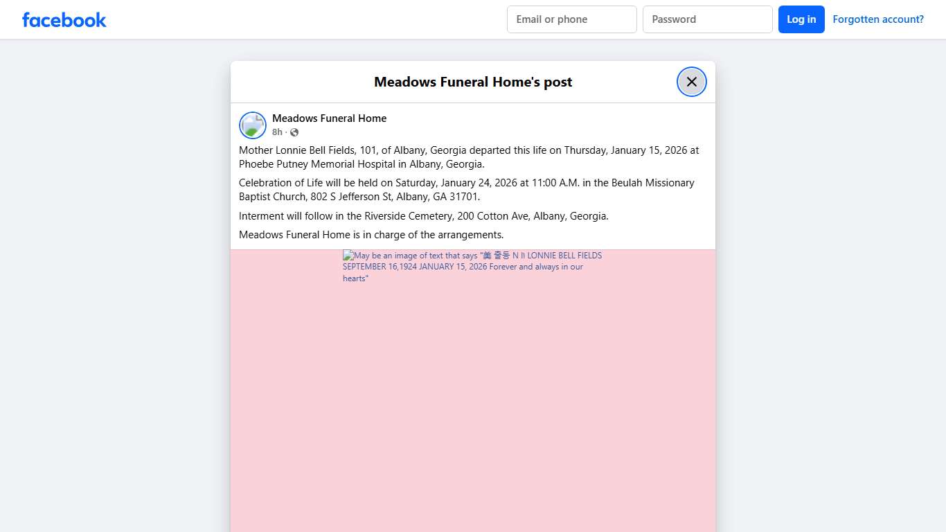 Mother Lonnie Bell Fields, 101, of... - Meadows Funeral Home | Facebook